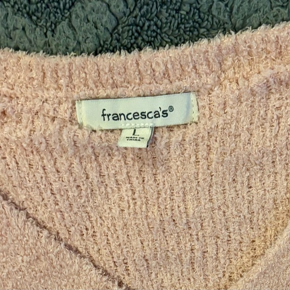 Francesca's Collections Blush V-Neck Sweater with Red and White Bow Pattern - Picture 8 of 9